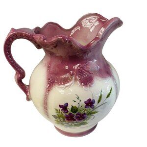 Vintage Ceramic Floral Pitcher Dresden Purple & White Glaze 11" x 10" Large